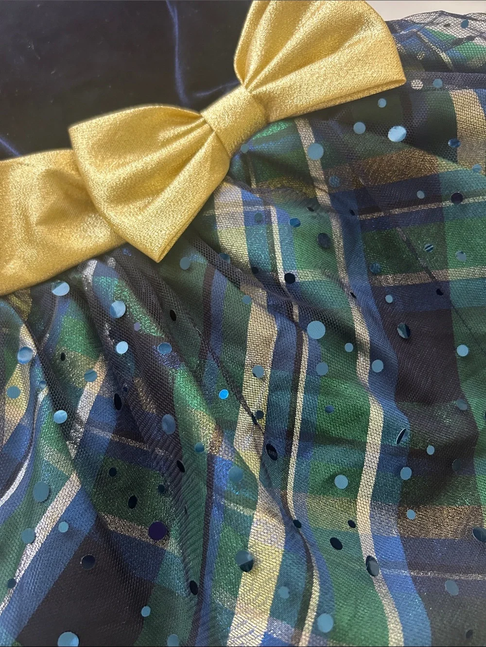 Bonnie Jean Navy Velvet and Green Plaid Dress with Gold Bow